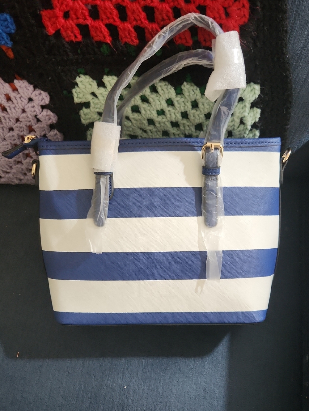 Navy and White Striped Tote Bag with Top Handles & Cross-body Strap